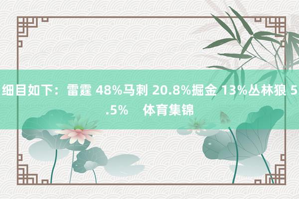 细目如下：雷霆 48%马刺 20.8%掘金 13%丛林狼 5.5%    体育集锦